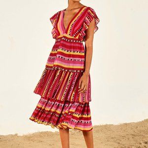 Farm Rio Lucy Stripes Pleated Midi Dress